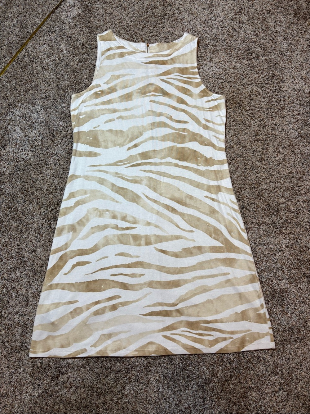 332. Tommy Bahama Beige and White Sleeveless Zebra-Print Shift Dress, Size L